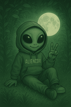 Alien in a hoodie with 'Aliencore' text against a green leafy background with a full moon.
