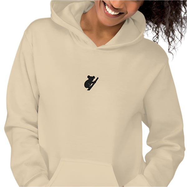 Beige hoodie with a black logo on a white background