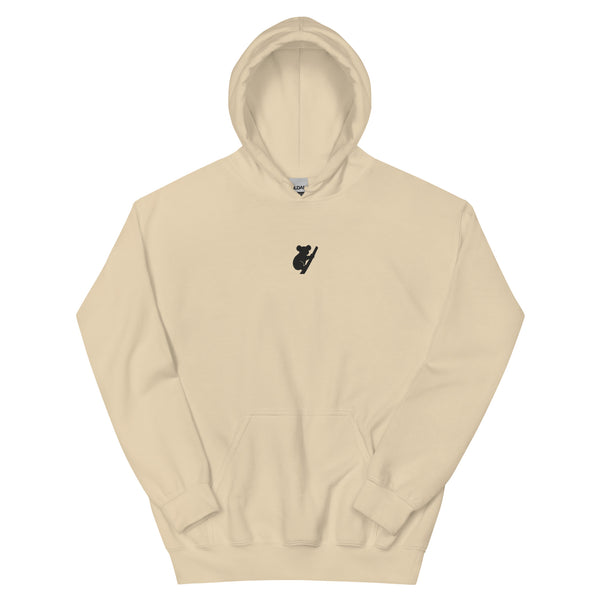 Beige hoodie with a black logo on a white background