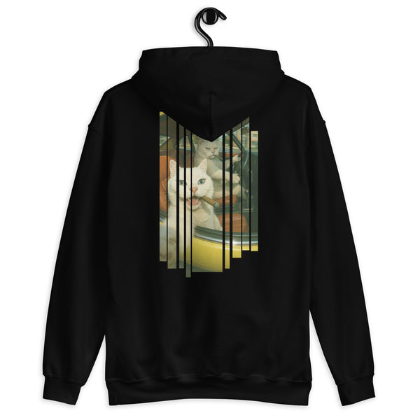 Black hoodie with a cat-themed design on the back, hanging against a white background.