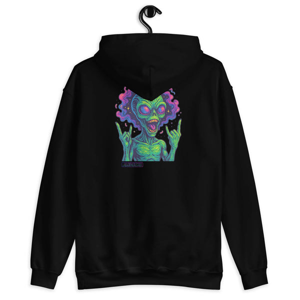 Black hoodie with a colourful alien design on a white background