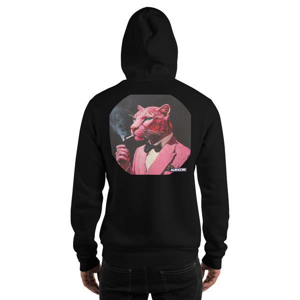 Black hoodie with a colorful panther graphic on the back, worn by a person.