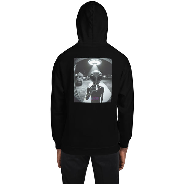 Black hoodie with a graphic of an alien on the back, displayed on a white background