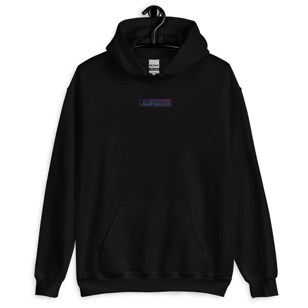 Black hoodie with a small logo on a white background