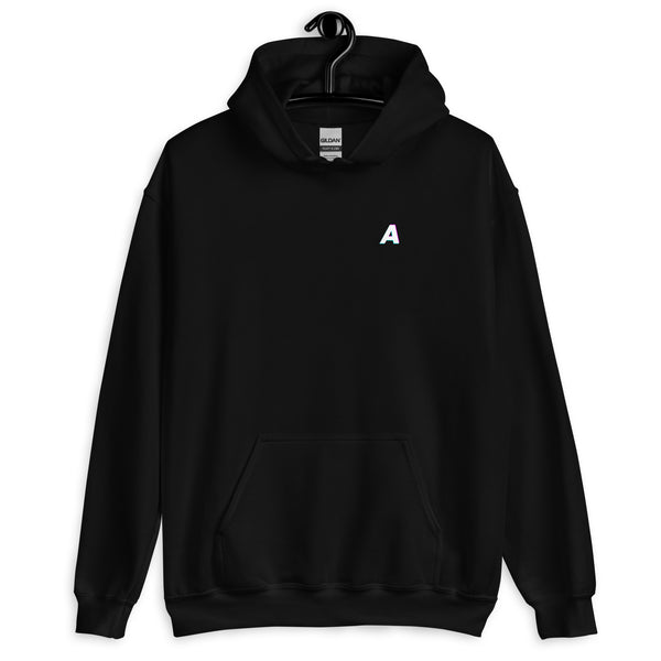 Black hoodie with a white logo on a white background