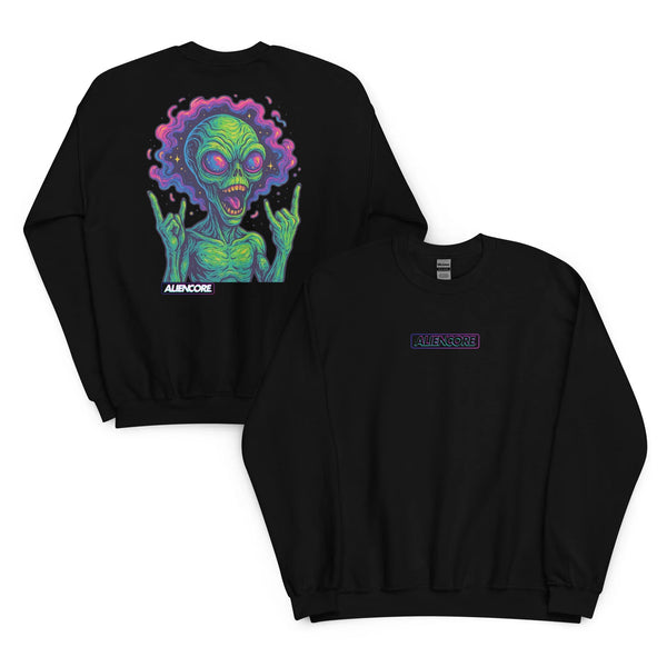Black sweatshirt with a colourful alien design on the front and ALIENCORE branding on the sleeve