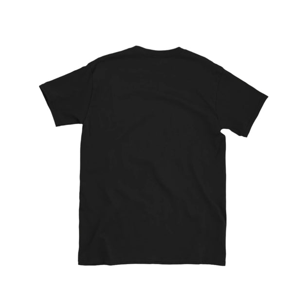 Black t-shirt on a light gray surface with a camera, phone, and glasses around it.