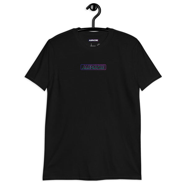 Black t-shirt with 'ALIENCORE' logo on a hanger against a white background