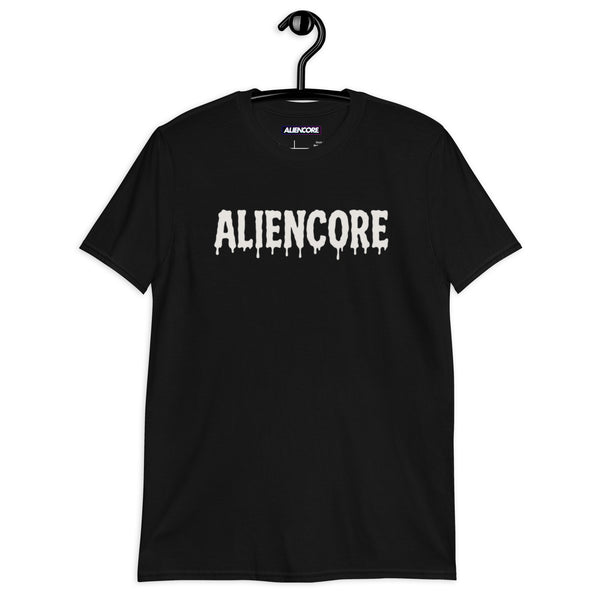 Black t-shirt with 'ALIENCORE' printed on it, hanging on a black hanger against a white background.