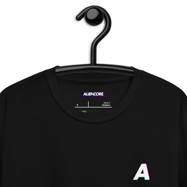 Black t-shirt with Aliencore logo on a hanger against a white background