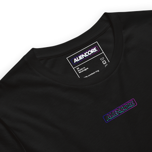 Black t-shirt with Aliencore logo on a white background