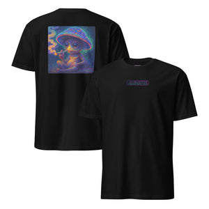 Black t-shirt with a colorful graphic of a baby in a mushroom hat on the back, displayed on a white background.