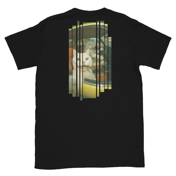 Black t-shirt with a graphic design of a cat and a person on the back