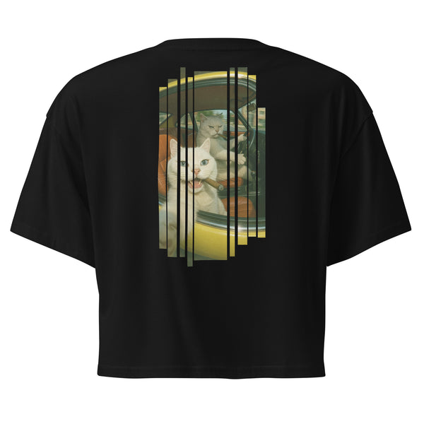 Black t-shirt with a graphic of a cat in a vase design on the back
