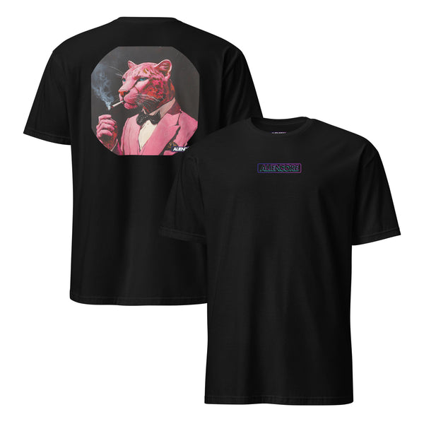 Black t-shirt with a graphic of a person in a suit on the front and a panther smoking a cigarette on the back.