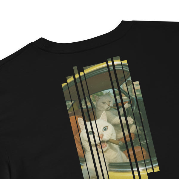 Black t-shirt with a graphic of cats and vertical lines on a white background