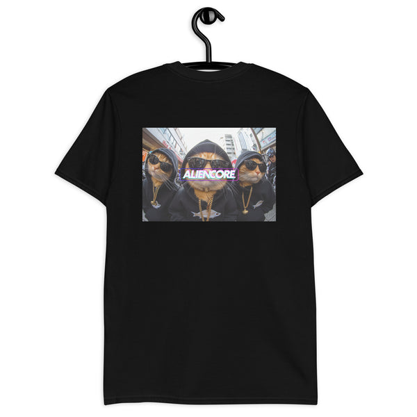 Black t-shirt with a graphic of three people wearing sunglasses and hats on a hanger.