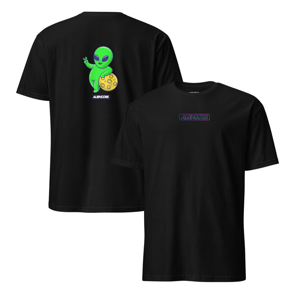 Black t-shirt with a green alien graphic on the back and Aliencore logo on the front, displayed on a white background.