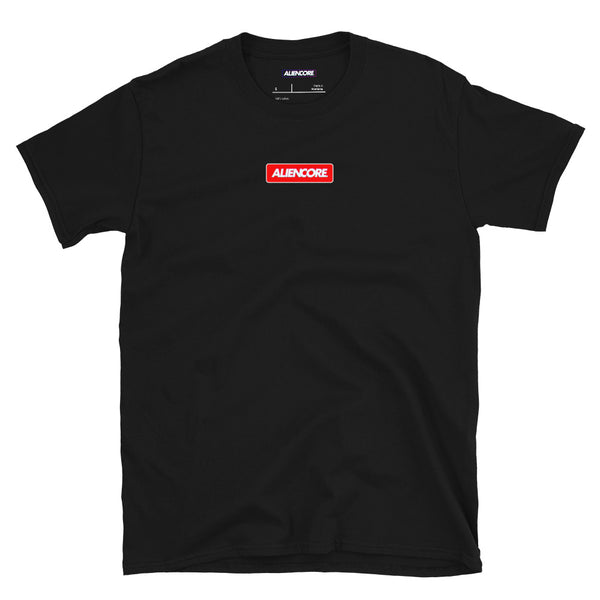 Black t-shirt with a red and white logo on a white background