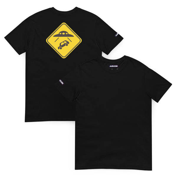 Black t-shirt with a yellow UFO warning sign design on a white background