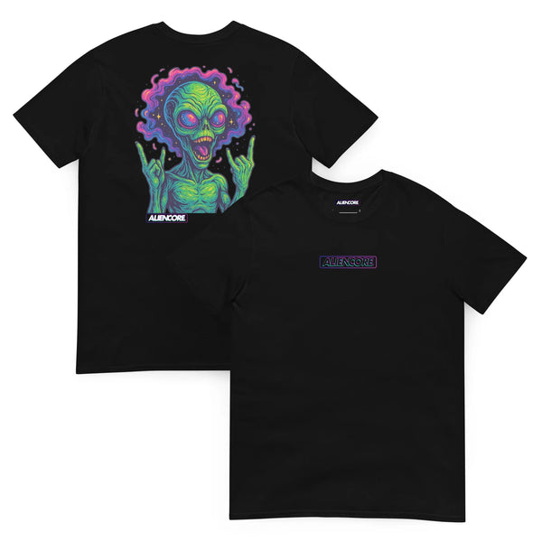 Black t-shirt with alien graphic and brand logo on a white background