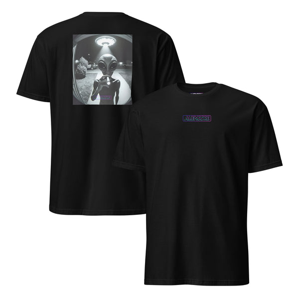 Black t-shirt with alien graphic on the front and text on the back, displayed on a white background.