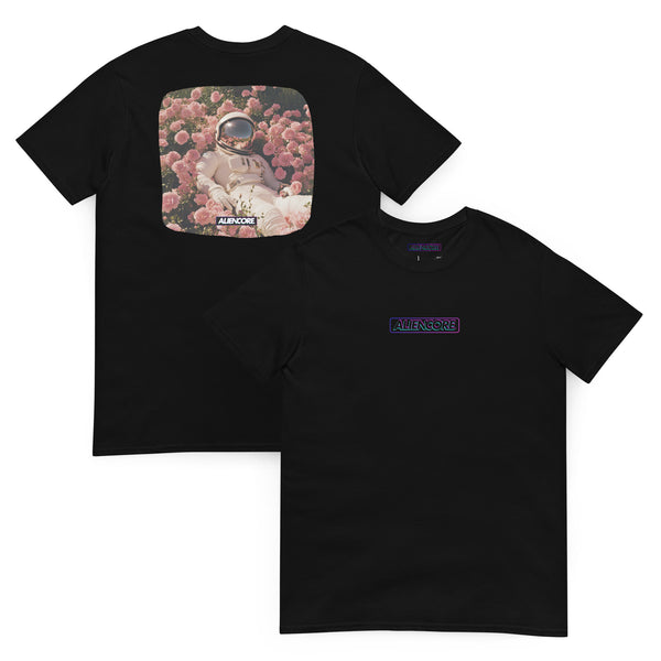 Black t-shirt with an astronaut graphic on a white background