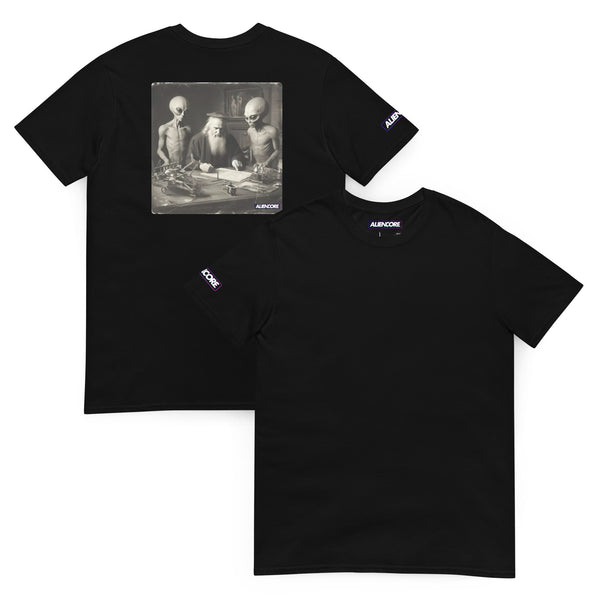 Black t-shirt with graphic design and text on a white background
