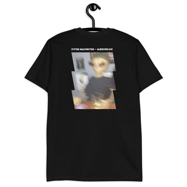 Black t-shirt with graphic design on a hanger