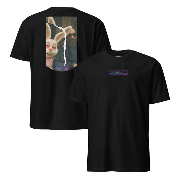 Black t-shirt with graphic design on front and back