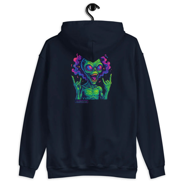 Blue hoodie with a colorful alien design on the back, hanging against a white background.