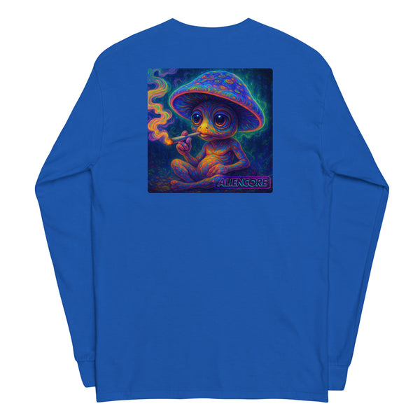 Blue long-sleeve shirt with a colorful graphic of a creature under a mushroom on the back, on a white background.