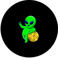 Cartoon green alien holding a yellow planet on a black background