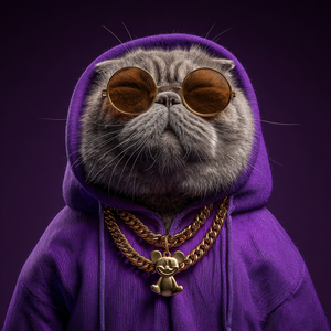 Cat wearing a purple hoodie, gold chains, and round sunglasses on a dark background
