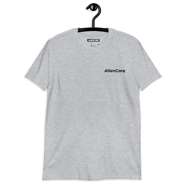 Gray t-shirt with AlienCore logo on a hanger against a white background