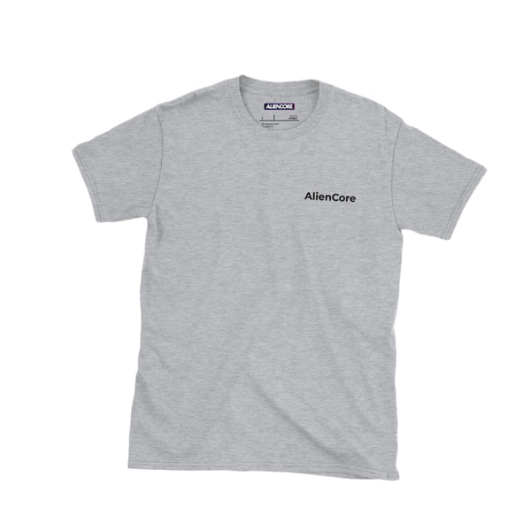 Gray t-shirt with 'AlienCore' logo on a light gray background
