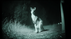 Kangaroo standing on a path at night with a light source illuminating it.
