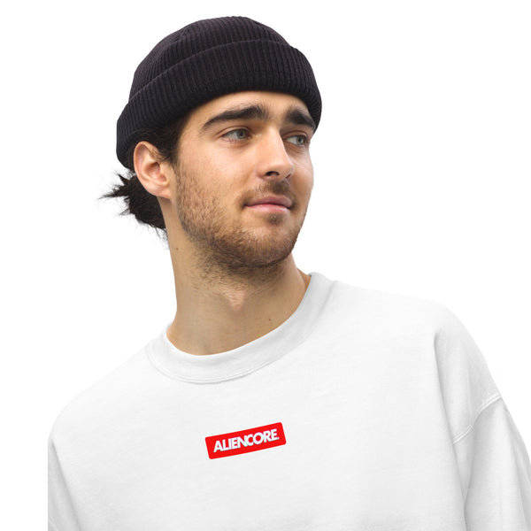 Man wearing a black beanie and white sweatshirt with 'ALIENCORE' logo on a white background