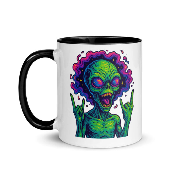 Mug with a colourful alien design on a white background