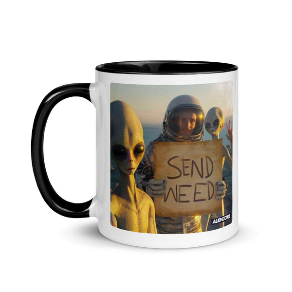 Mug with alien and astronaut holding 'Send Weed' sign design