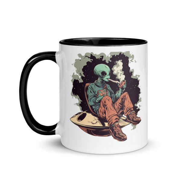 Mug with an alien smoking a cigarette design on a white background