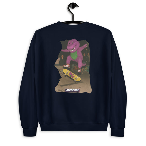 Navy blue sweatshirt with a graphic of a dinosaur on a skateboard, hanging on a black hanger against a white background.