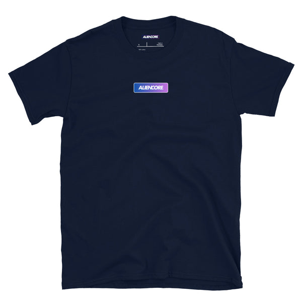 Navy blue t-shirt with a small logo on the chest against a white background