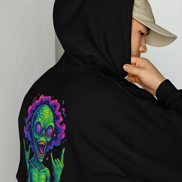 Person wearing a black hoodie with a colorful alien design on the sleeve.