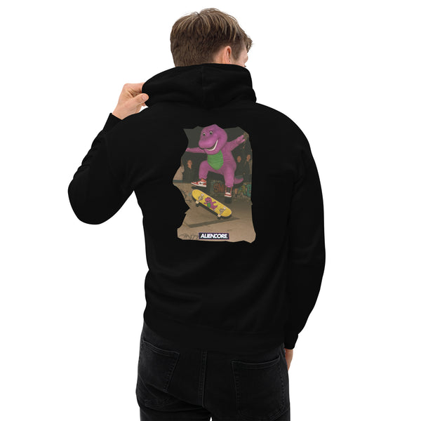Person wearing a black hoodie with a colorful graphic of a dinosaur on the back, on a white background.