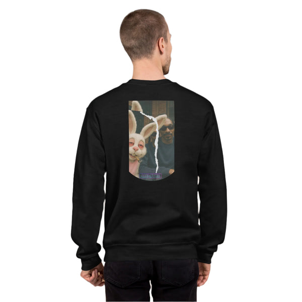 Person wearing a black sweatshirt with a graphic design on the back, standing against a plain background.