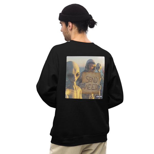 Person wearing a black sweatshirt with an alien graphic and 'Send Weed' text on the back.