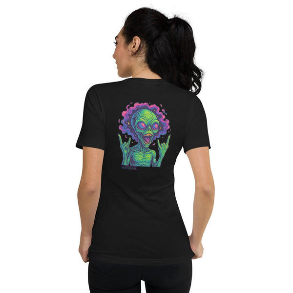 Person wearing a black t-shirt with a colourful alien design on the back