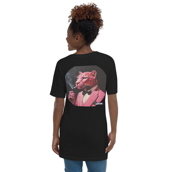 Person wearing a black t-shirt with a graphic design of a stylized animal in a suit on a white background