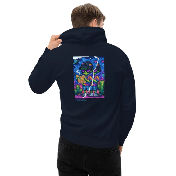 Person wearing a dark blue hoodie with a colourful graphic on the back against a white background